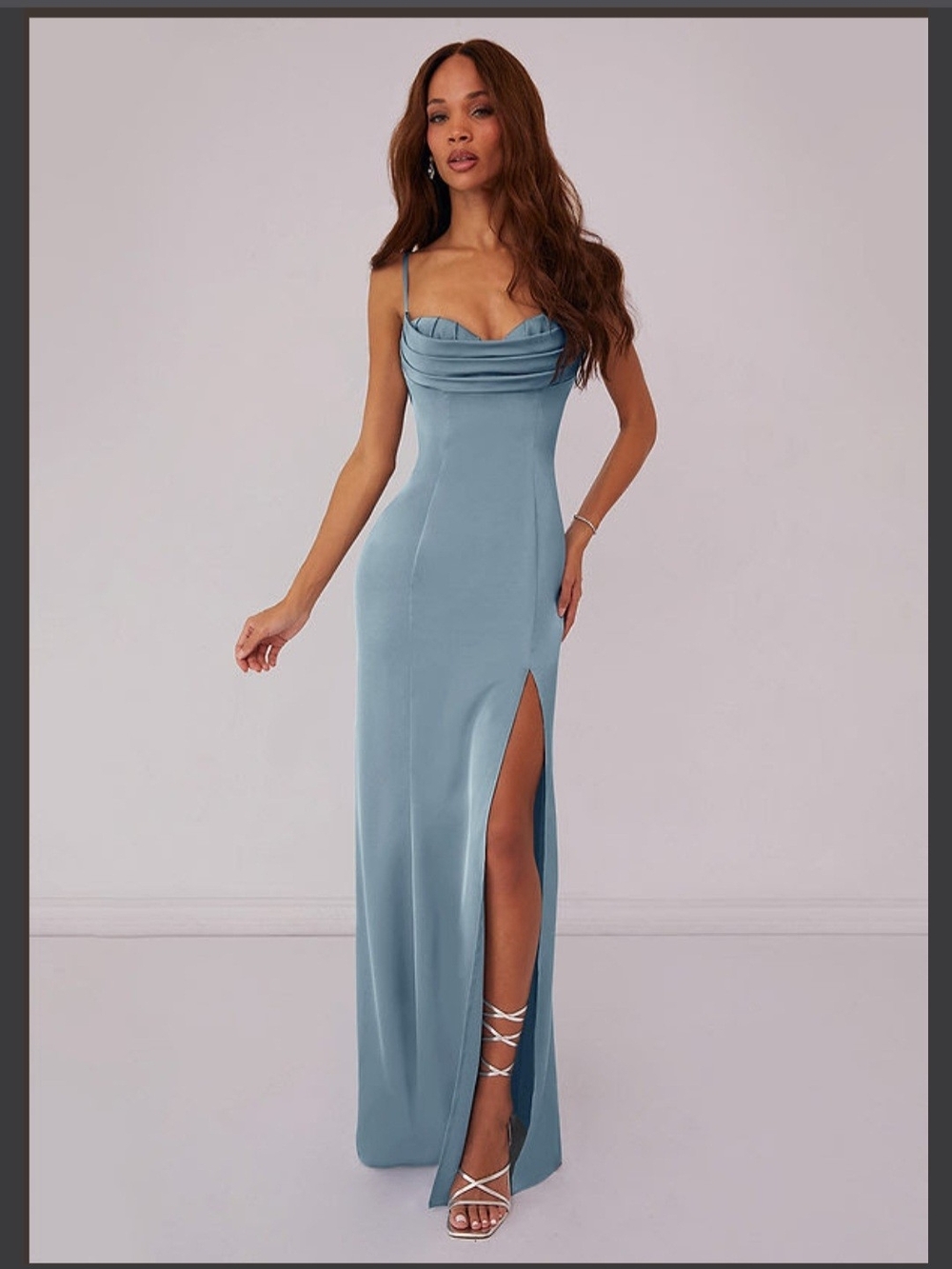 Azazie Dusty Blue Satin Cowl Neck Maxi Dress with High Slit